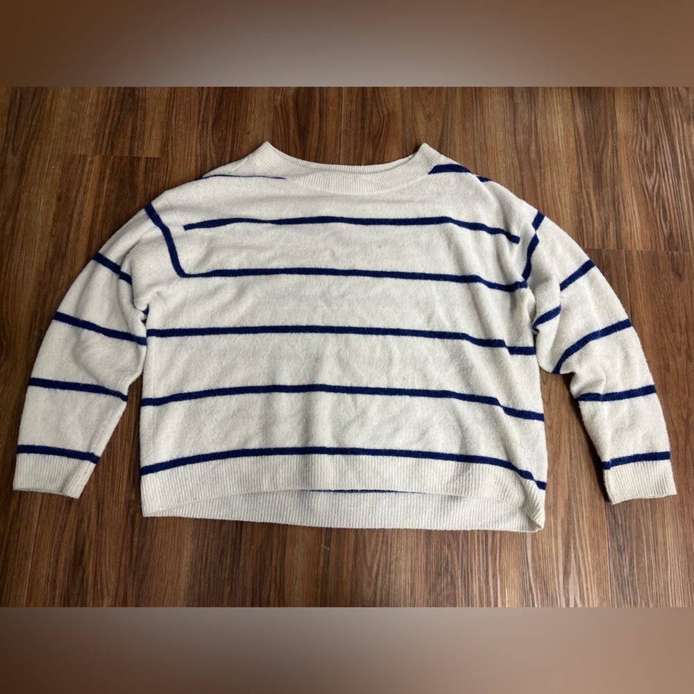 Off-the-Shoulder Striped Sweater - White with Navy Stripes
